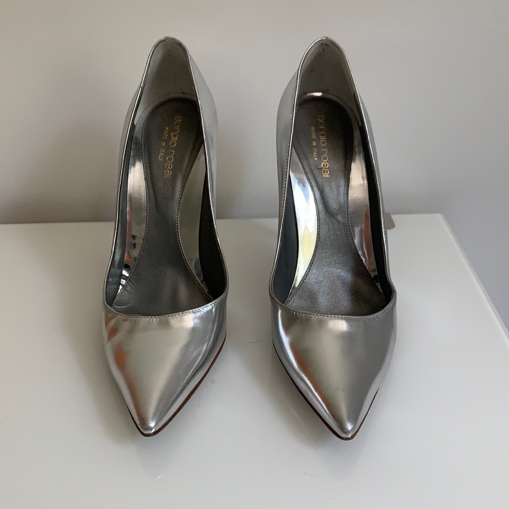 Sergio Rossi Silver Metallic Point toe Pumps.